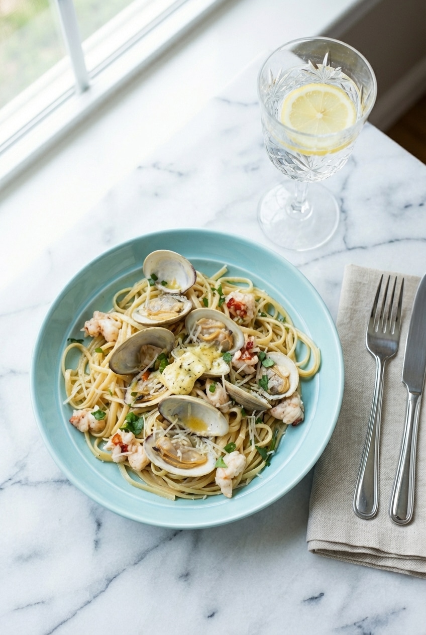 Plated seafood pasta garnished with parmigiano reggiano and herbs, served for a cozy dinner.