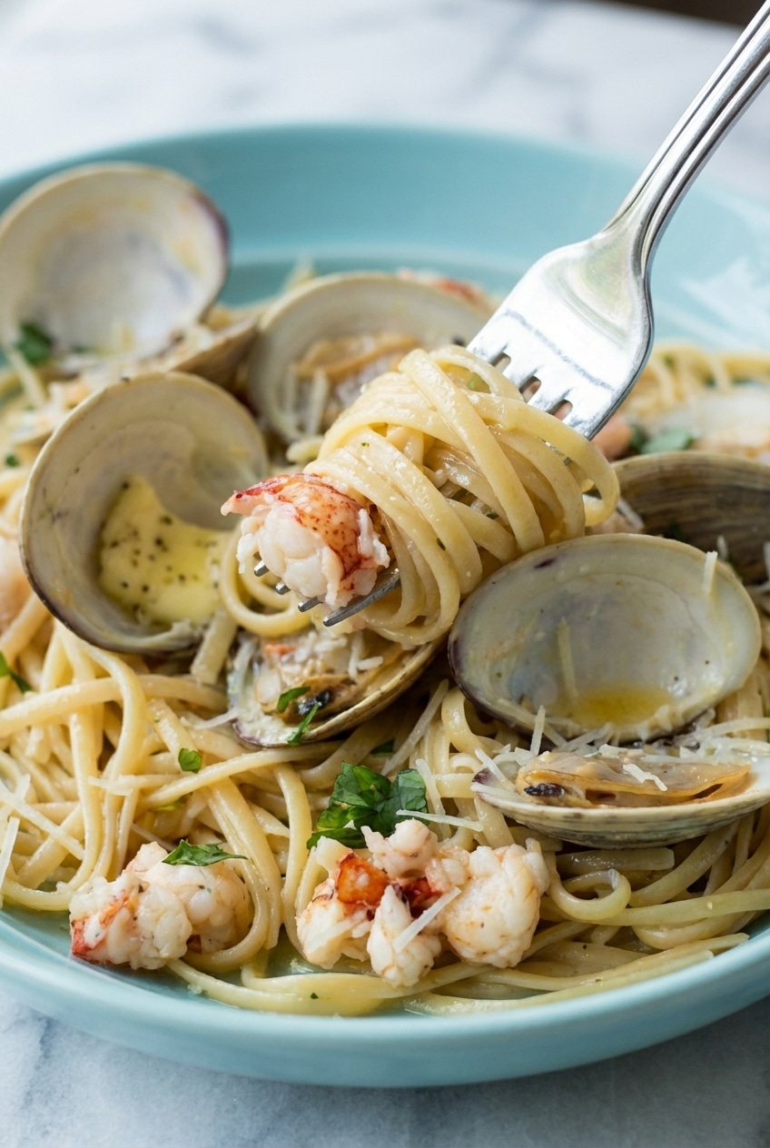 Close-up of al dente seafood pasta showing the silky emulsification created by starchy pasta water.