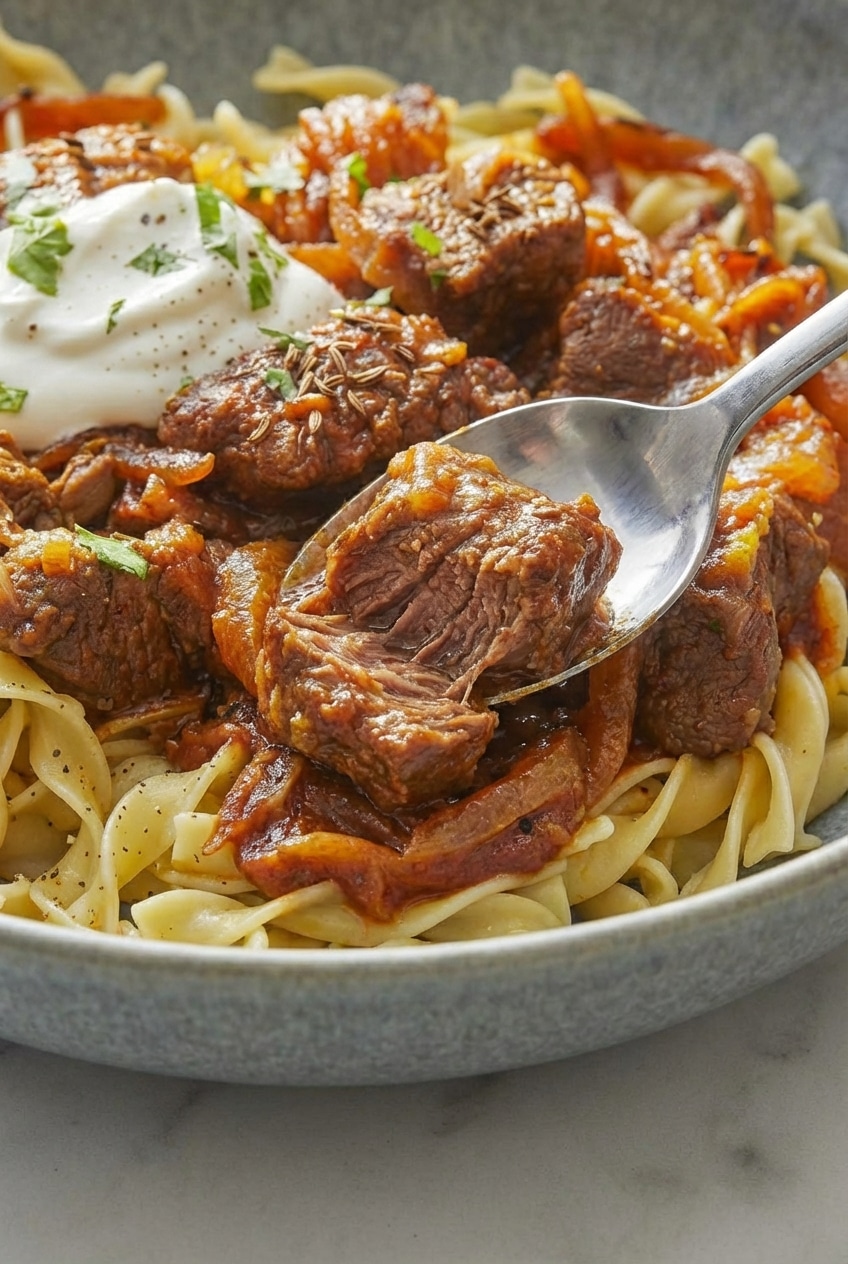 Beef chuck searing in a Dutch oven to build the flavor base for Hungarian Goulash.