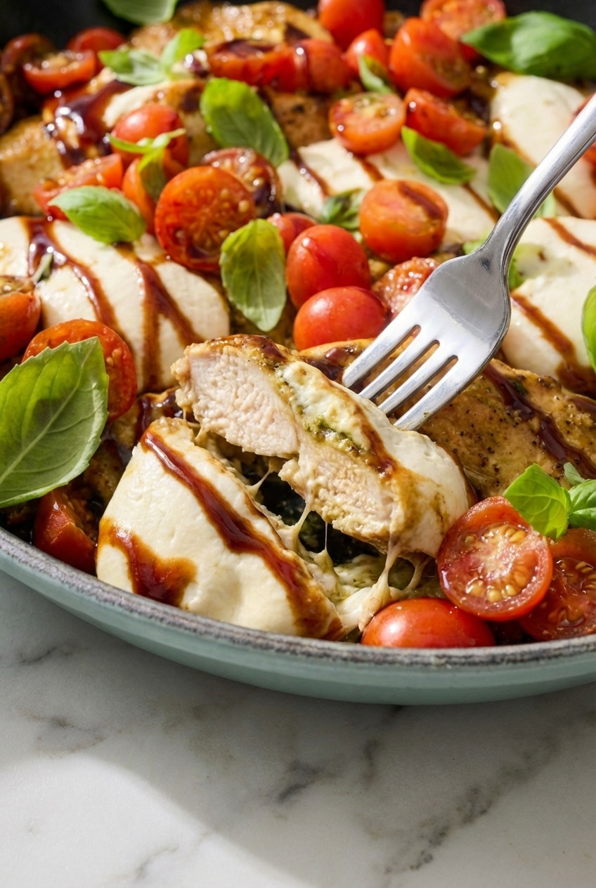 Chicken caprese searing in a cast-iron skillet to achieve a golden Maillard reaction and juicy internal temperature.