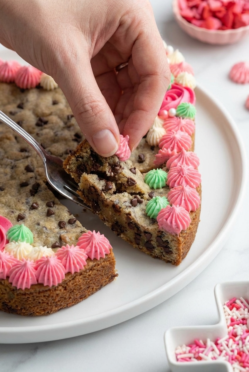 Close up of a Heart Shaped Cookie Cake showing the Maillard reaction on the golden edges and soft chocolate center.