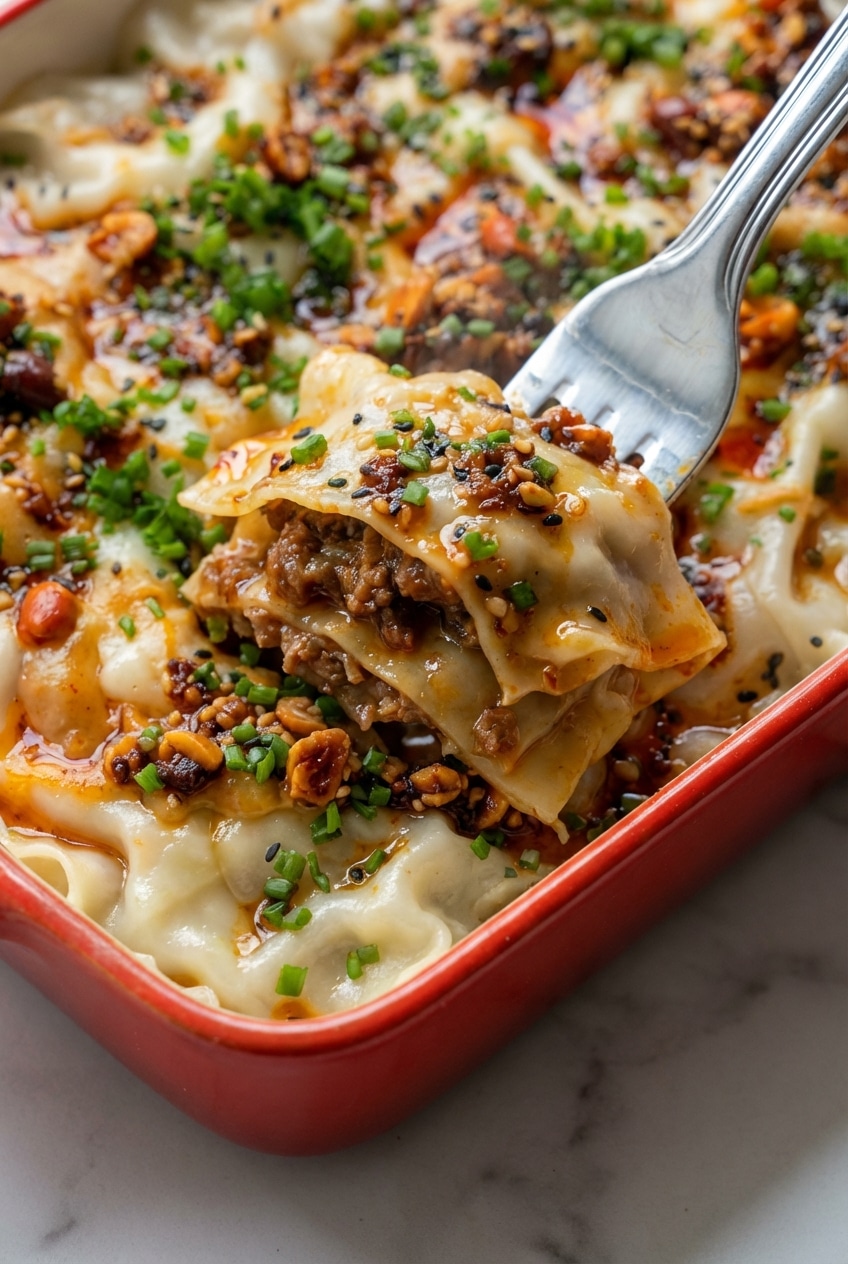 Close-up of dumpling lasagna layers in ramekins showing the Maillard reaction on the edges.