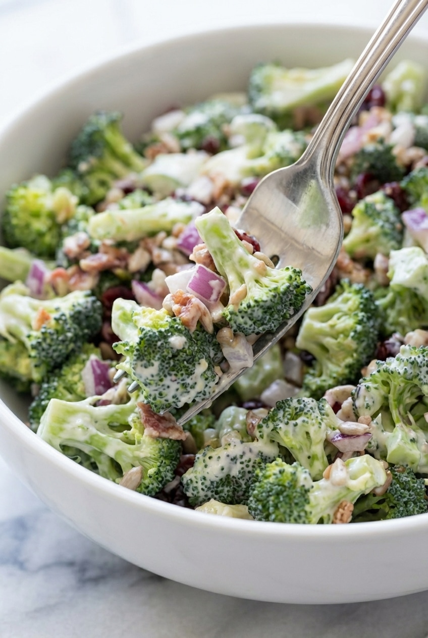 Close-up of chopped broccoli salad florets tossed with sunflower kernels for a crunchy texture.