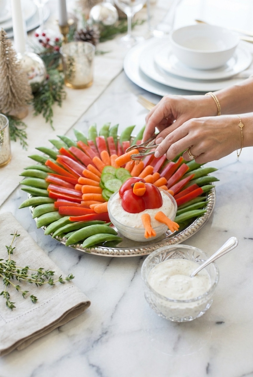 A finished turkey veggie tray on a wooden board, ready to be served as a healthy holiday snack at a party.