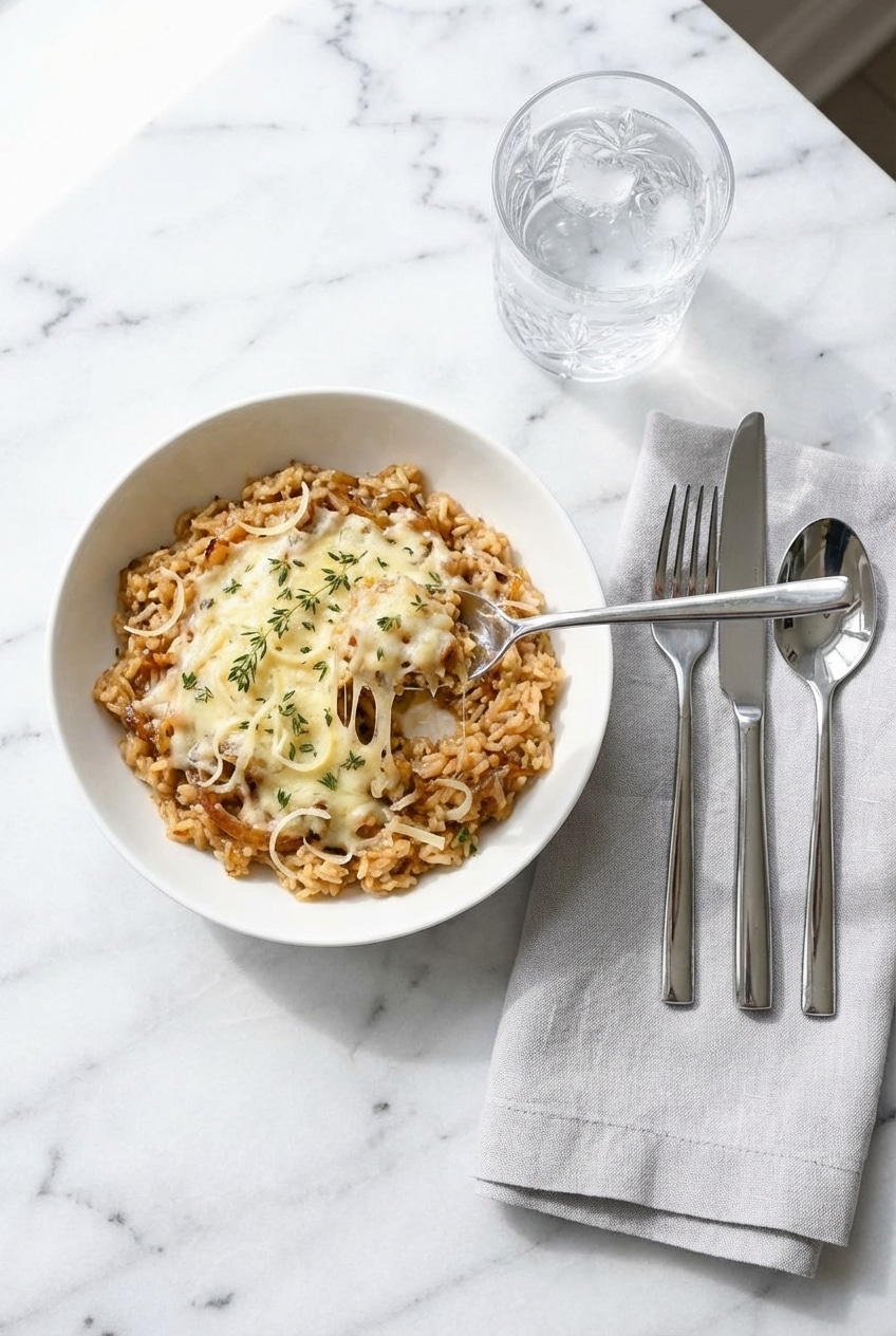 A single serving of French onion soup rice on a rustic plate, showcasing the hearty portion perfect for a weeknight meal.