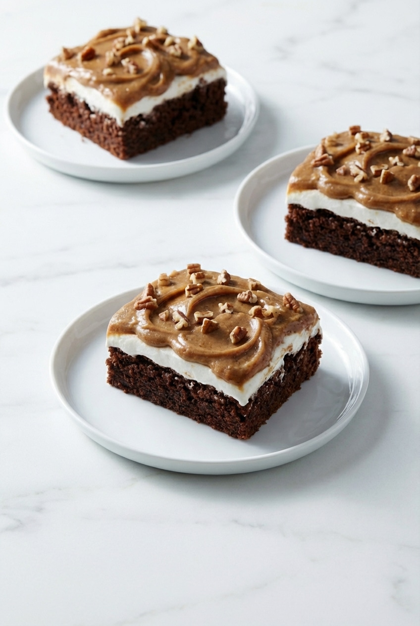 A square slice of Mississippi mud cake on a white dessert plate, ready to be served as an afternoon treat with coffee.