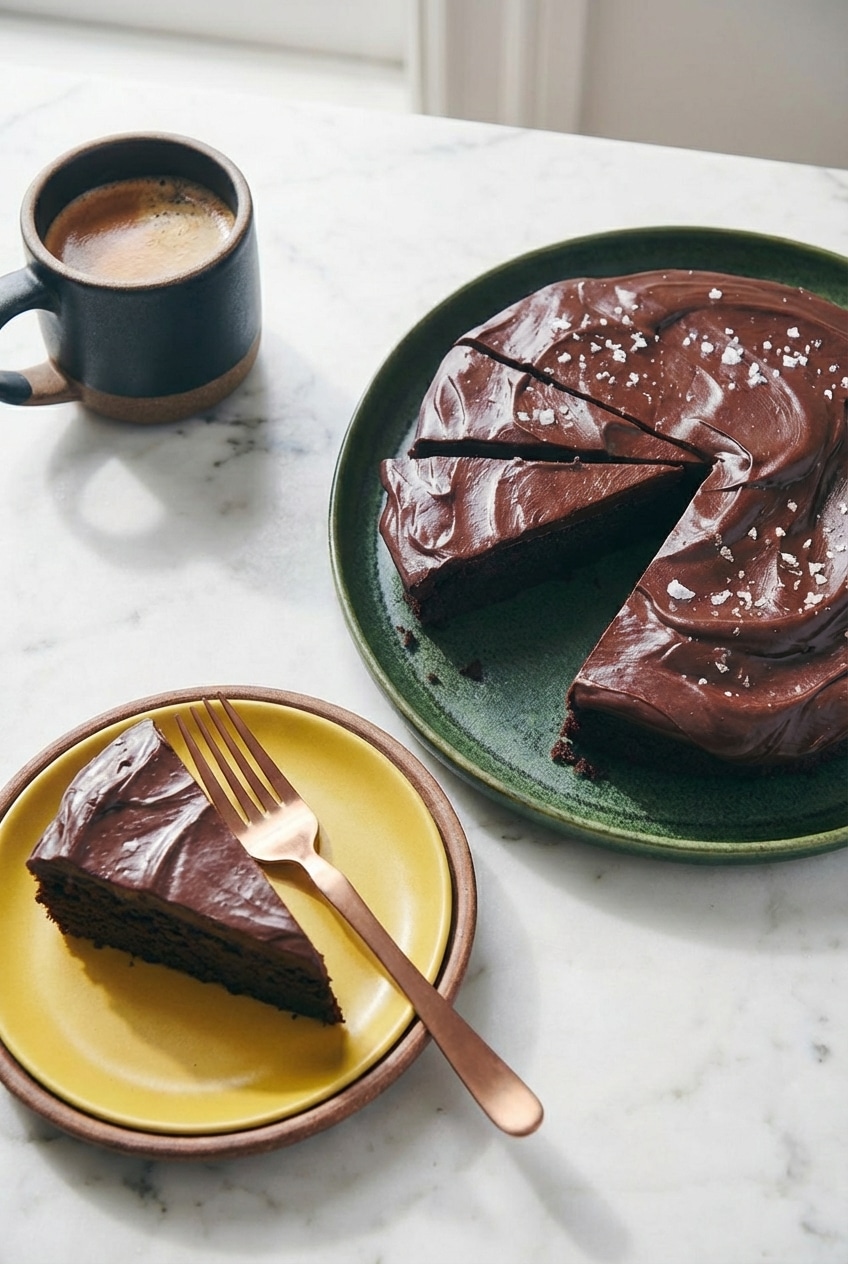 A sliced flourless chocolate cake served on a dessert plate alongside a cup of warm coffee, ready to be enjoyed.