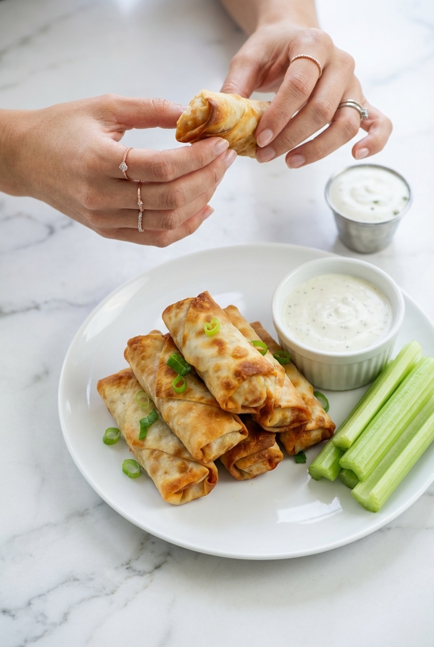 A platter of golden air fryer buffalo chicken egg rolls served with a side of cool ranch dressing for dipping.