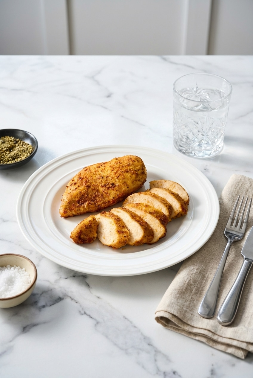 Sliced air fryer chicken breast served alongside roasted vegetables ready for a healthy dinner.