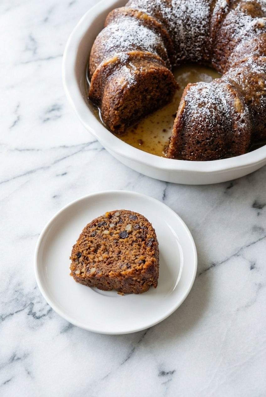 A whole amish applesauce cake on a cake stand, ready to be served for a family gathering or holiday dessert.