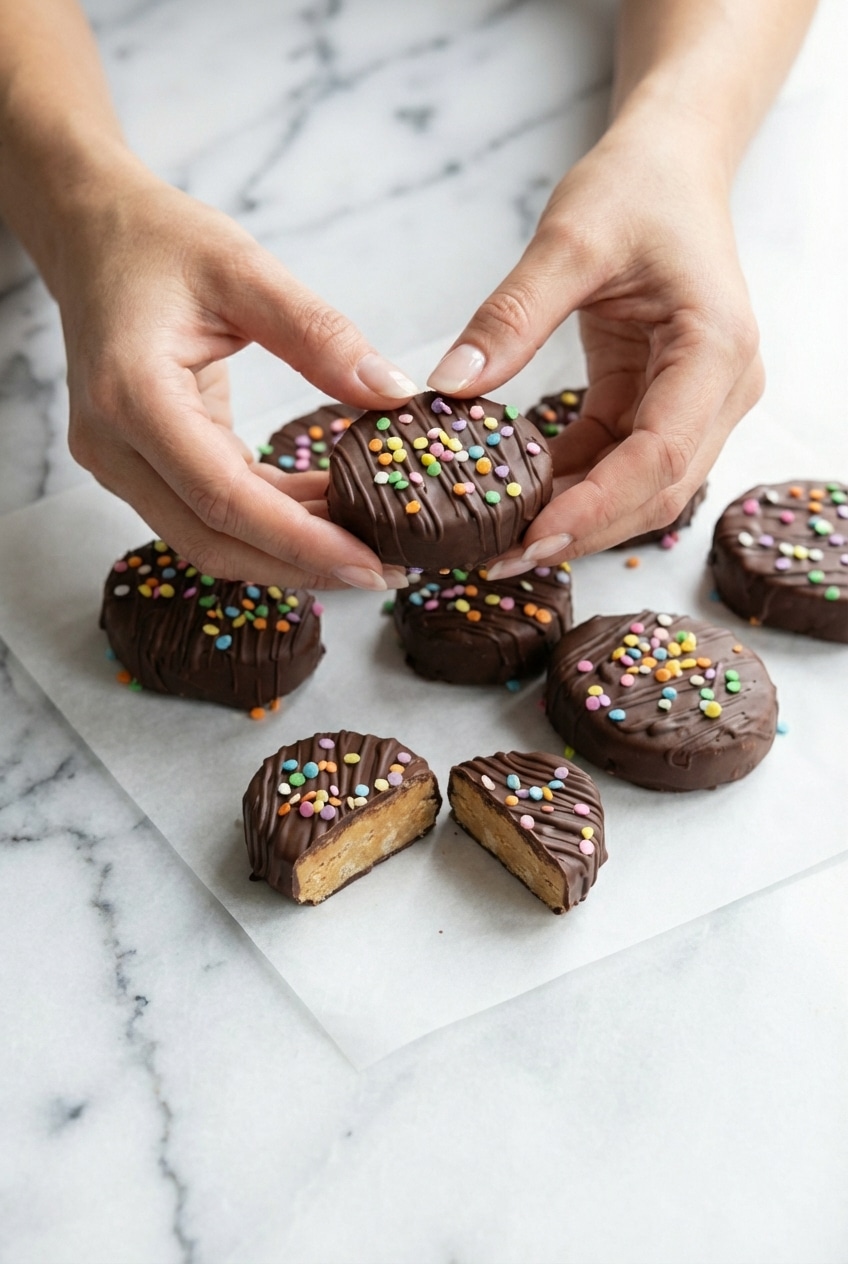A batch of homemade malted peanut butter eggs packaged in a small, festive box, ready for gifting.