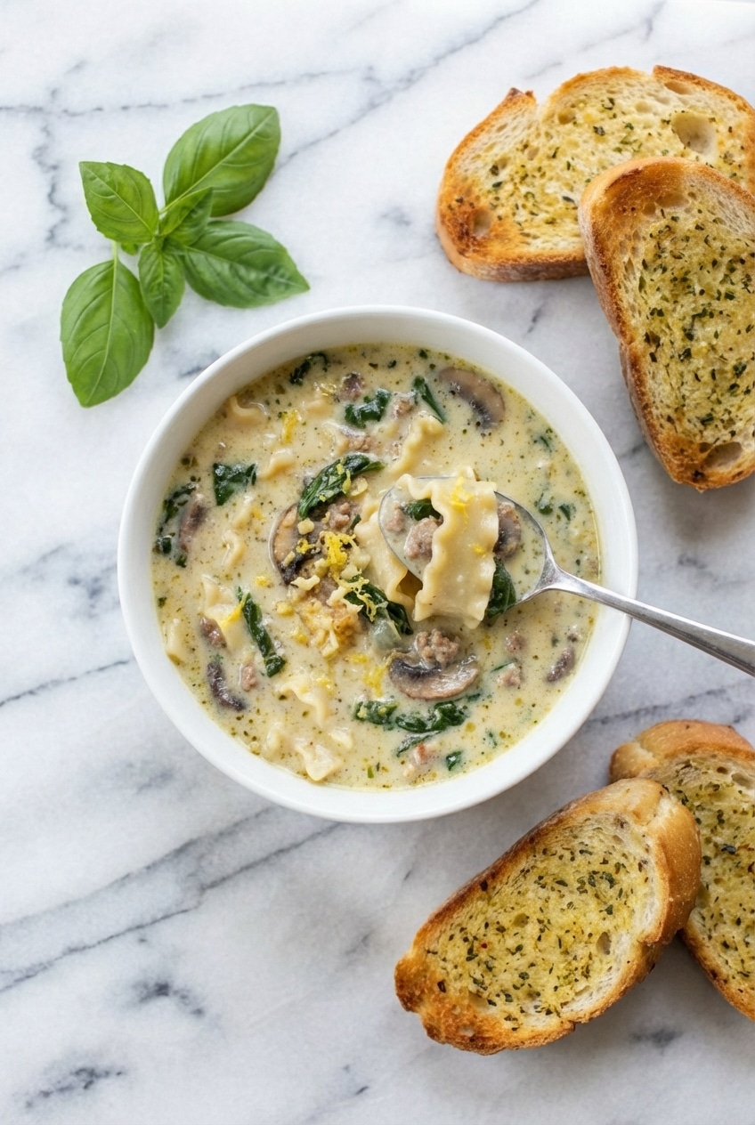 A ladle lifting a hearty portion of creamy alfredo lasagna soup from a large Dutch oven, showing the tender noodles and rich broth.