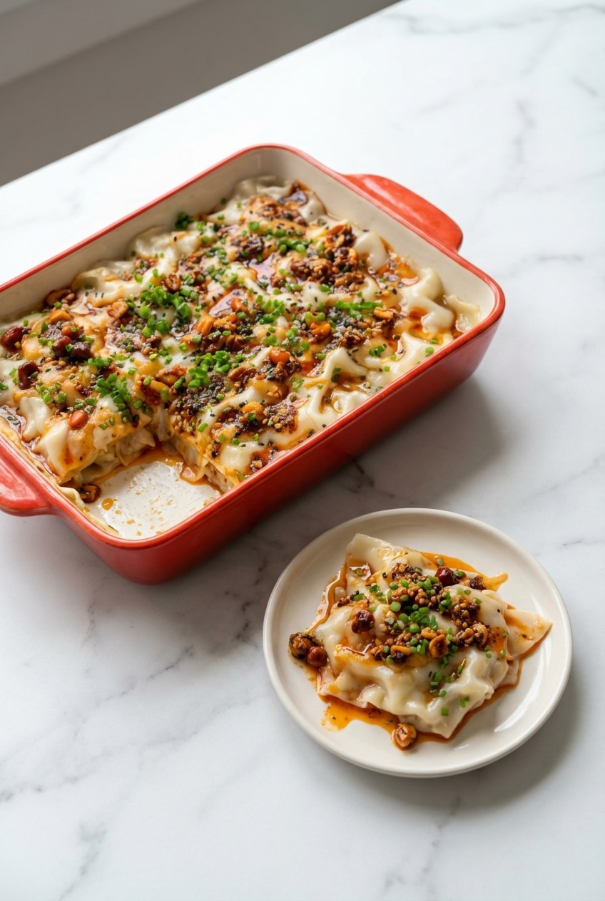 Individual portions of dumpling lasagna garnished with chili crisp ready for serving.