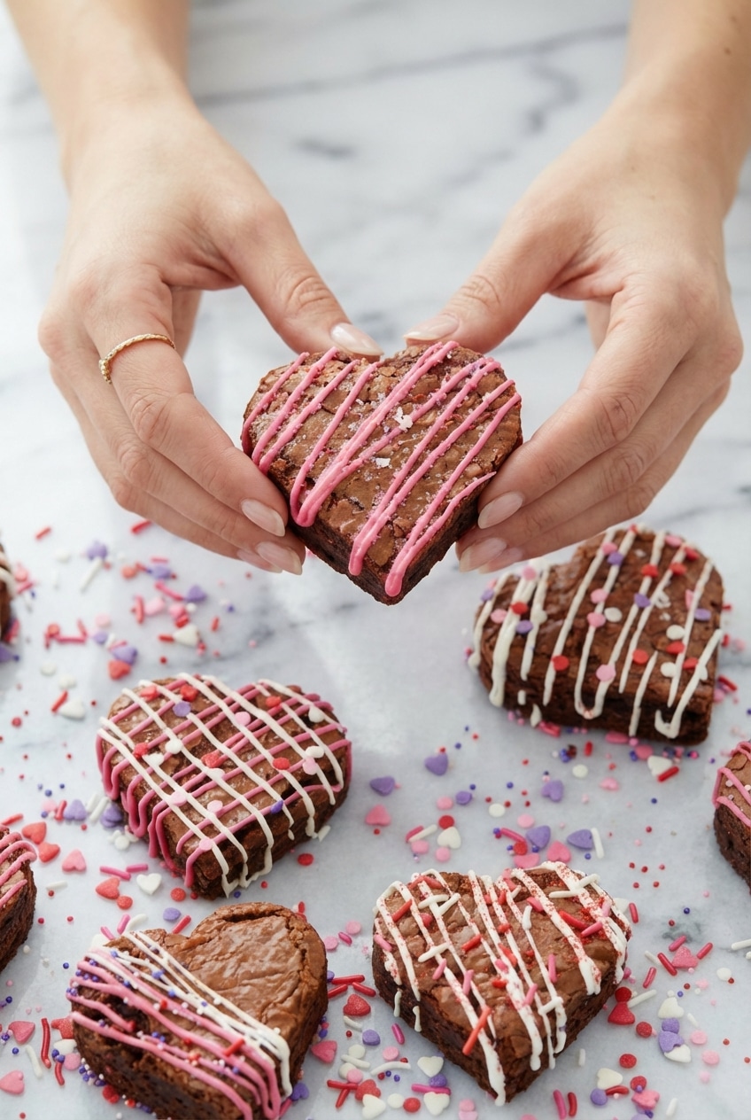 Heart shaped brownies arranged on a wire cooling rack after the Maillard reaction creates a crackly top.