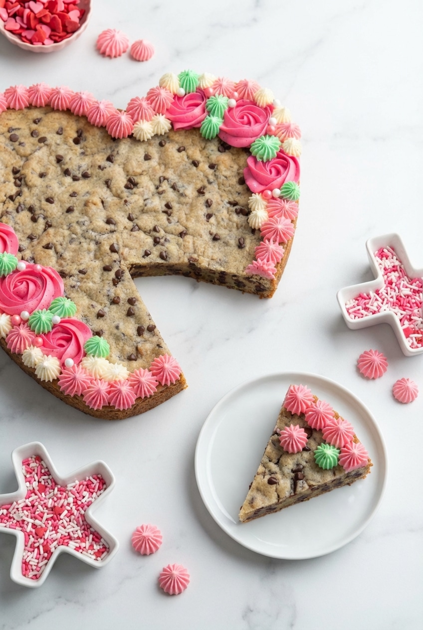 A Heart Shaped Cookie Cake presented on parchment paper, ready for serving at a festive celebration.