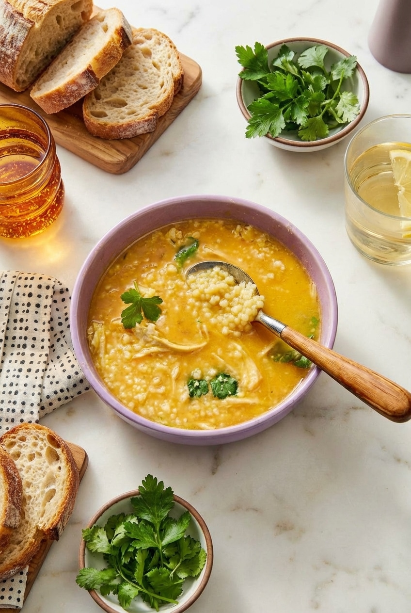 Ladle serving Italian Penicillin Soup into a bowl for a comforting family meal.