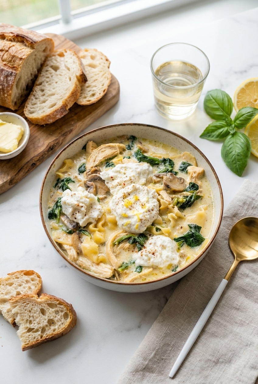 Two bowls of white lasagna soup served on a rustic table for a cozy, comforting dinner.