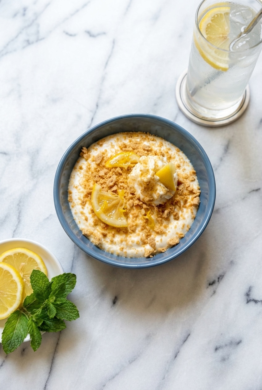Chilled lemon cheesecake mousse served in glass ramekins with a sprig of mint for a refreshing summer dessert.