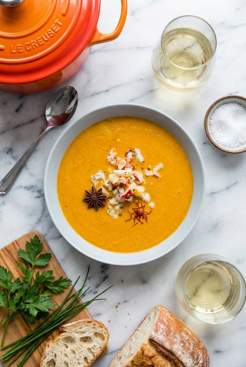 Elegant ceramic bowls filled with finished lobster bisque recipe served with crusty bread on a rustic table.
