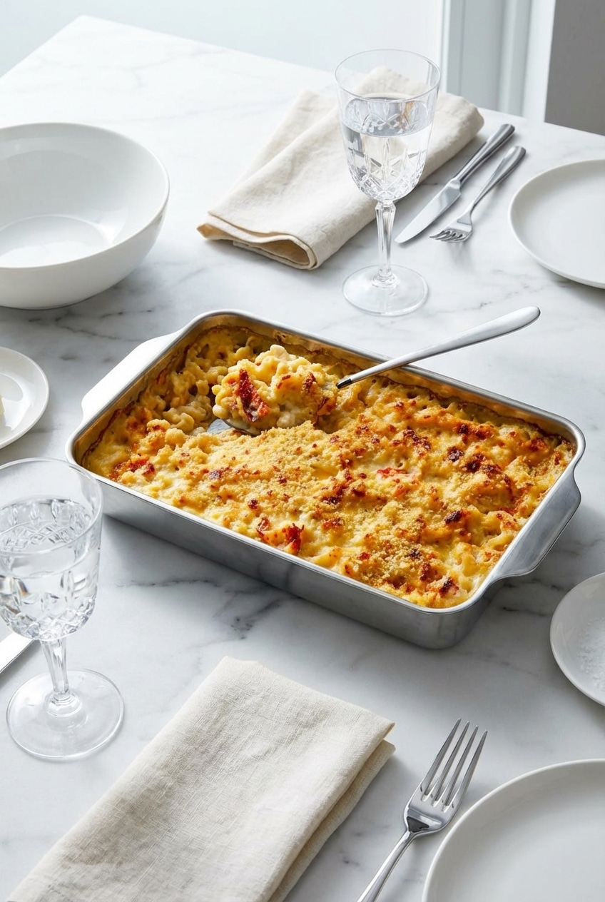 Serving of lobster mac and cheese recipe in a cast iron skillet on a cozy wooden table.