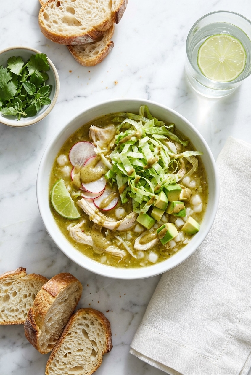 A rustic table setting with bowls of pozole verde and side garnishes of lime and cilantro.