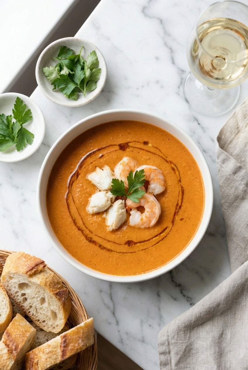 A serving of Crab and Shrimp Seafood Bisque in a white bowl, garnished with parsley and served with crusty bread for dipping.