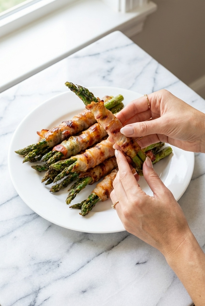 Bacon wrapped asparagus served on a wooden board as a keto-friendly side dish for a family dinner.