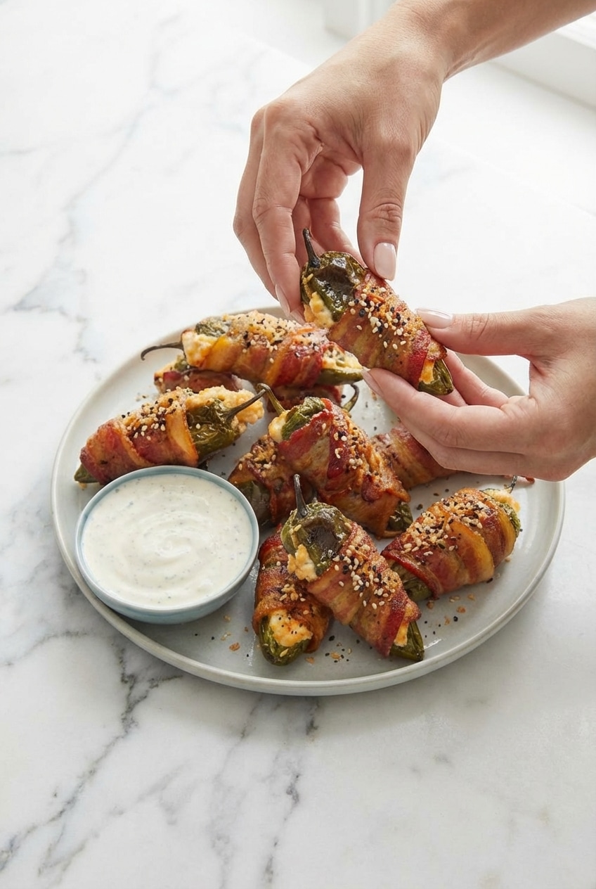 A platter of Bacon Wrapped Jalapeño Poppers served as delicious game day snacks.