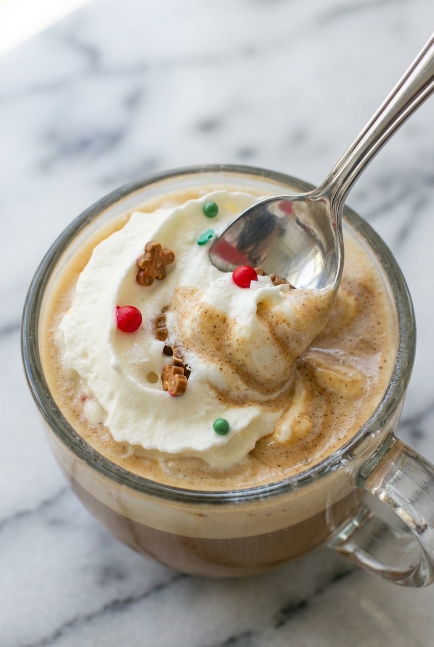 Cozy morning setting with a freshly brewed gingerbread latte recipe beside a plate of holiday treats.