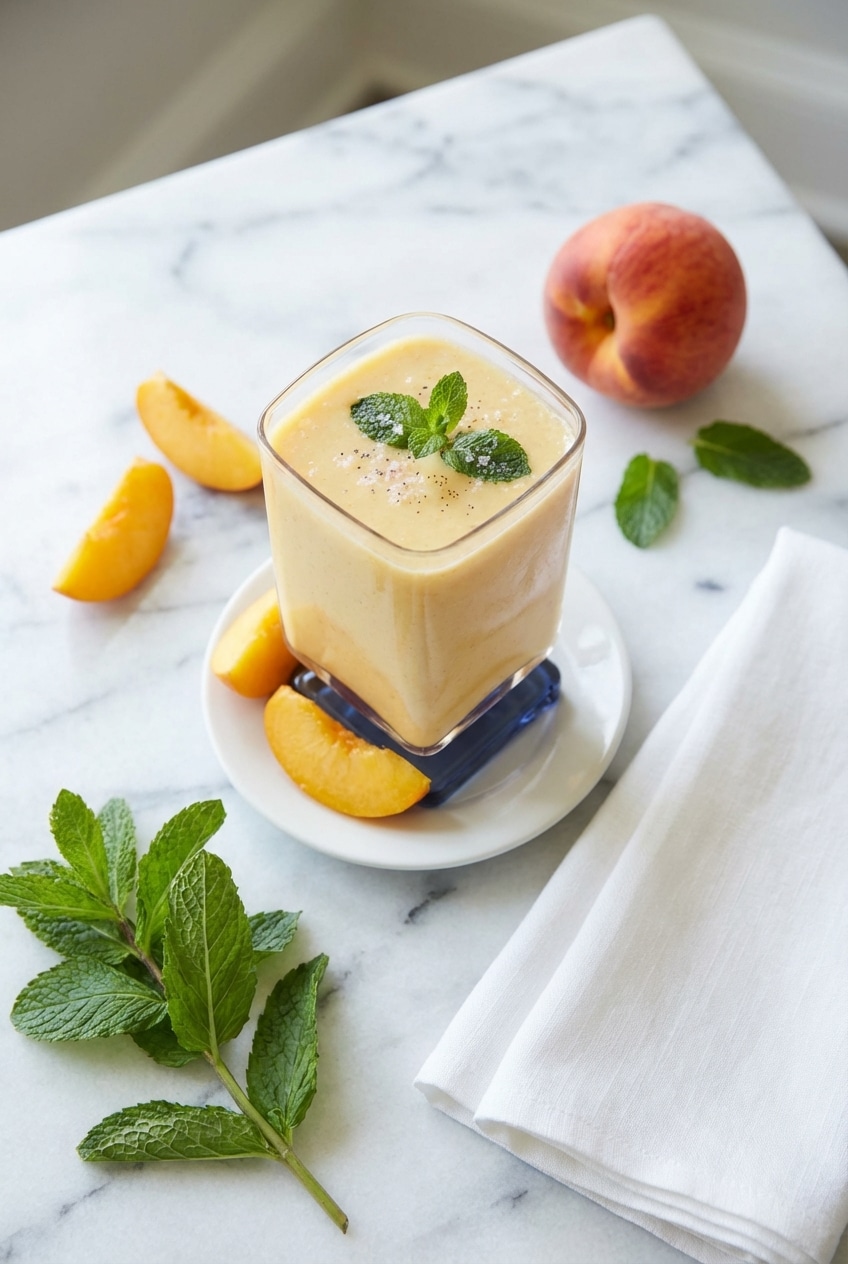 Banana peach smoothie served in a glass on a breakfast table, ready to enjoy.