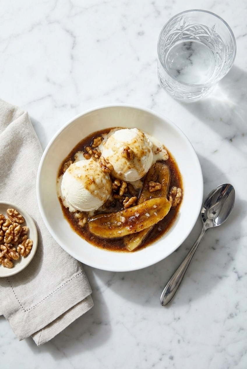A lifestyle shot of bananas foster served in a small bowl with a spoon and vanilla ice cream.
