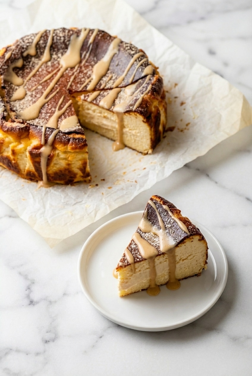 A slice of malted Basque Cheesecake served on a plate with wrinkled parchment paper in the background.