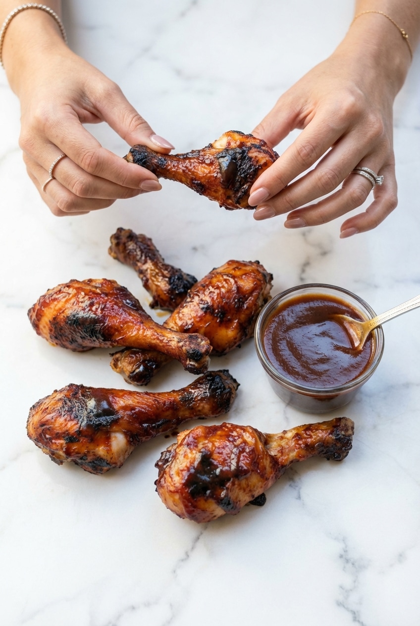 Plated bbq chicken drumsticks served on a rustic platter for a casual family meal.