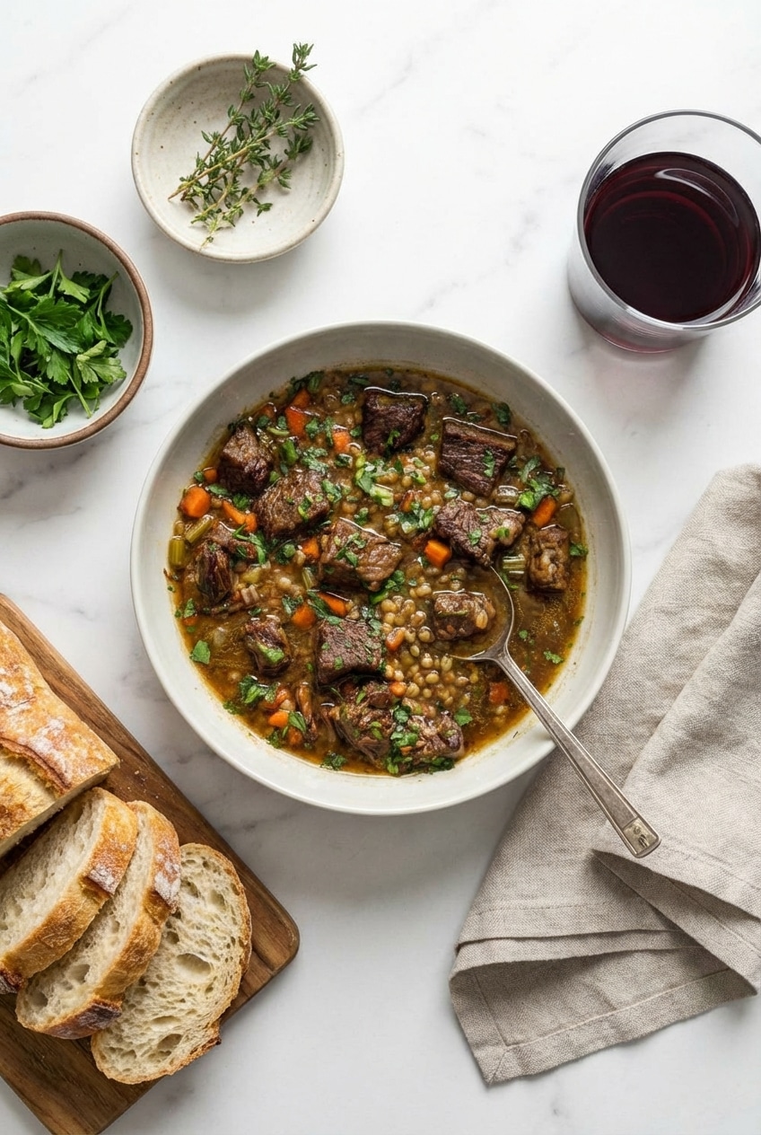Beef Barley Soup served in a rustic bowl on a dinner table, perfect for meal prep and storage.