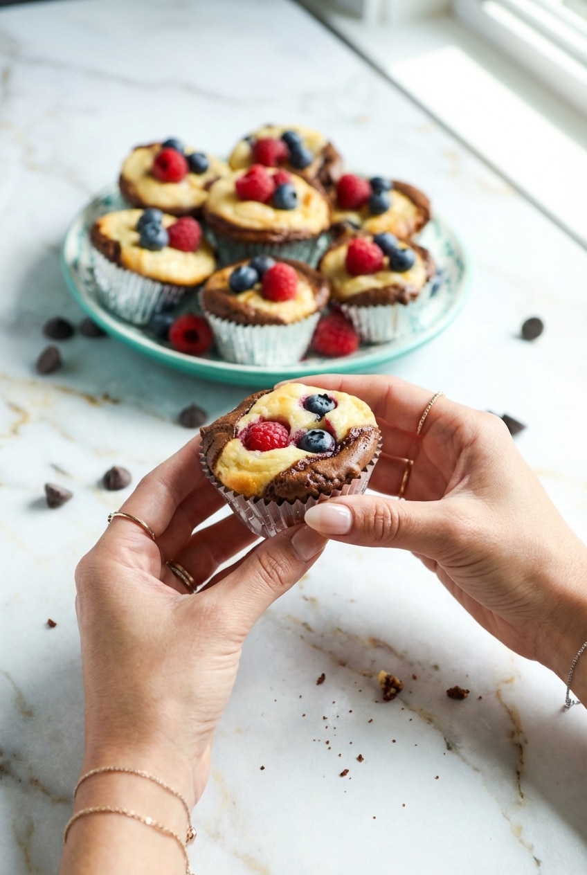 Freshly baked blintz brownie bites arranged in a mini muffin pan for serving.