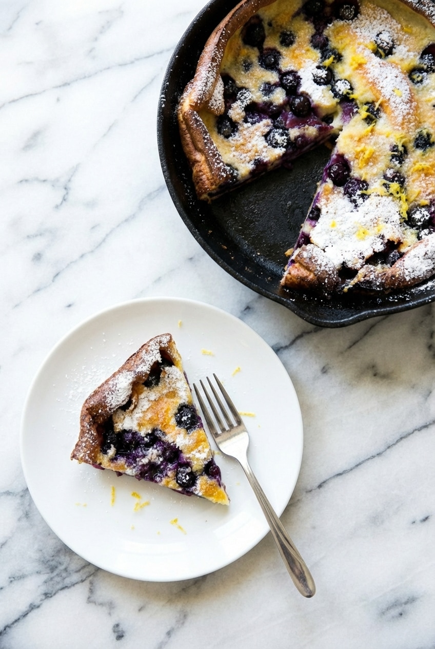 Slicing a warm blueberry lemon dutch baby pancake on a rustic wooden breakfast table.