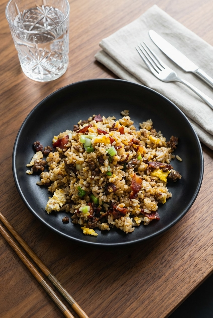 A comforting bowl of breakfast fried rice styled for a cozy morning meal.