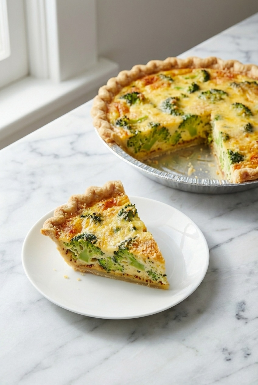 Sliced broccoli cheese quiche served on a plate, ideal for brunch recipes and easy storage.