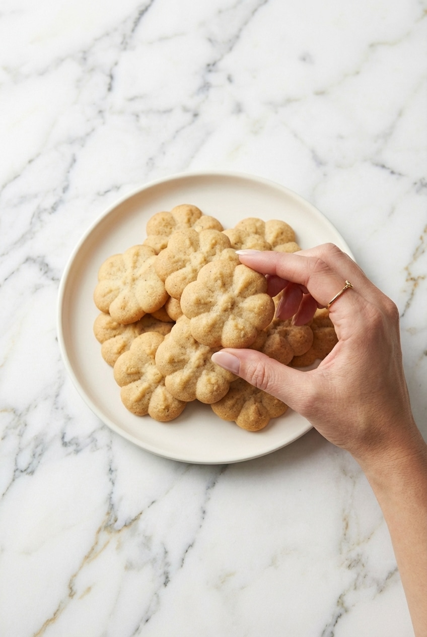A stack of vanilla bean shortbread cookies on a wire cooling rack ready for serving with hot tea.