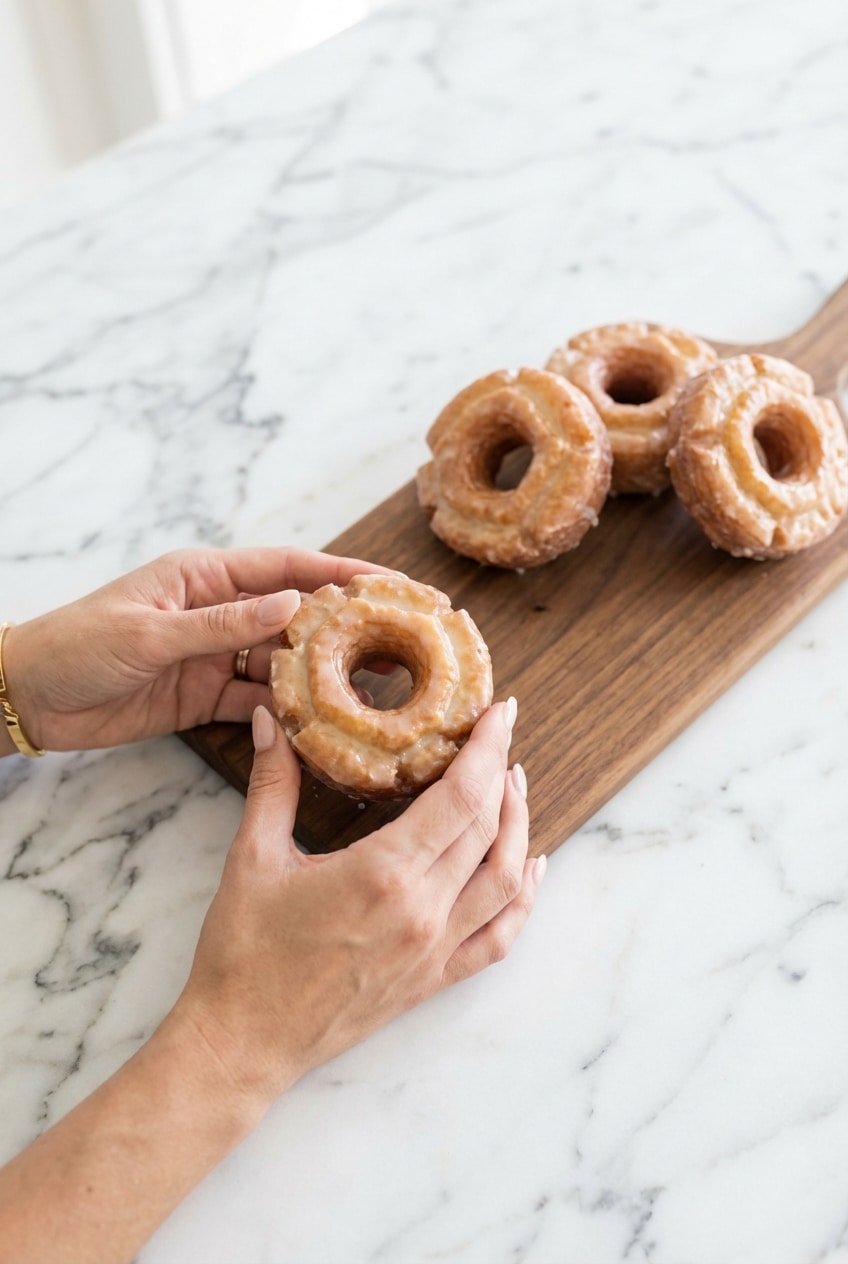 A stack of glazed old fashioned sour cream donuts on a cooling rack, ready for serving.
