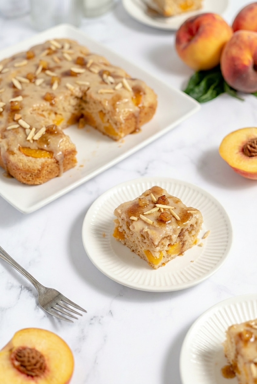 Brown sugar peach cake plated and ready to serve on a rustic wooden table.