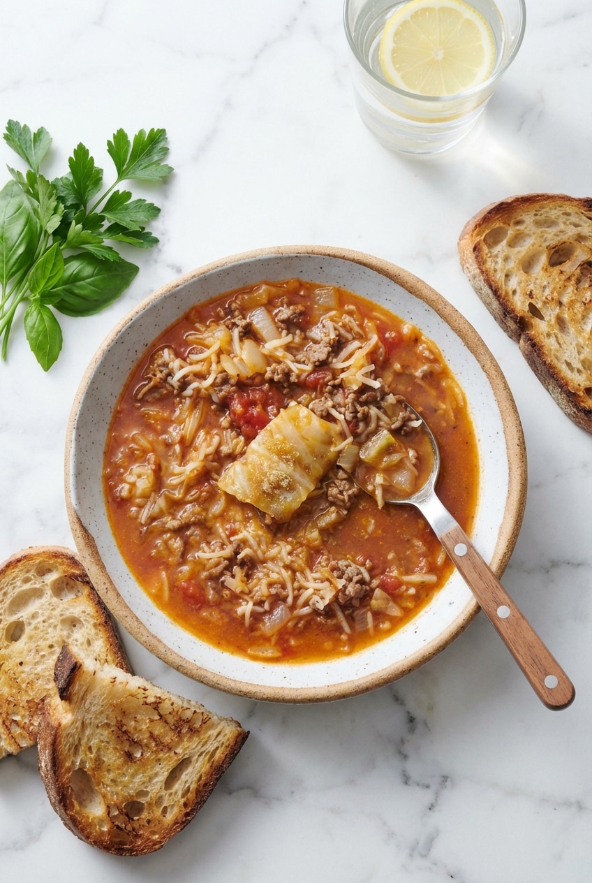 A ladle scooping hearty cabbage roll soup from a Dutch oven showing ground beef and rice.