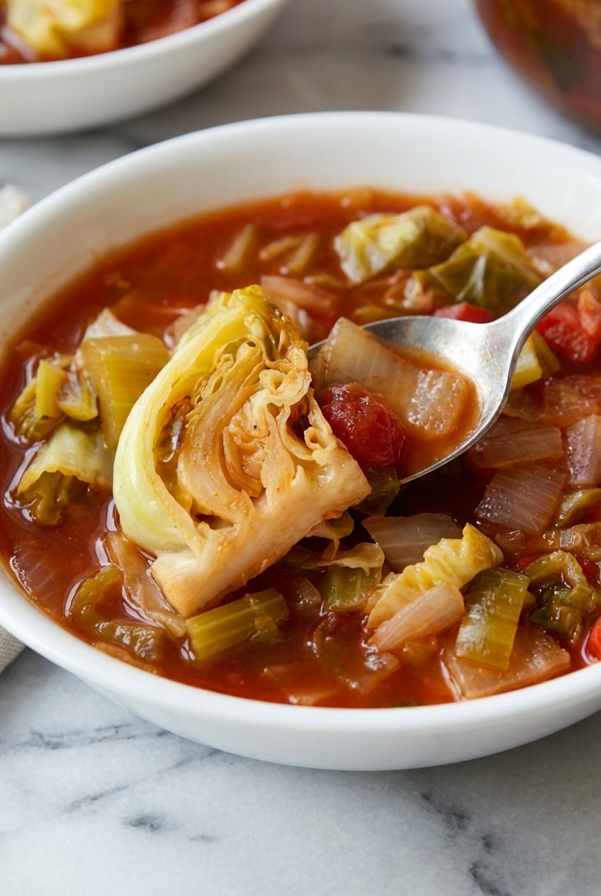 A person enjoying a warm bowl of our cabbage soup diet recipe at a rustic dining table alongside fresh herbs and a glass of water.