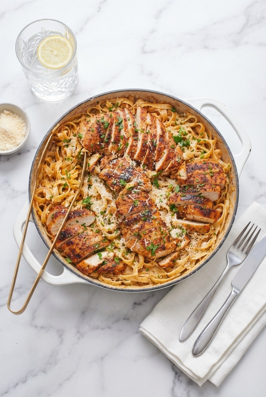 Plated cajun chicken alfredo pasta in a cast iron skillet ready for a cozy weeknight dinner.