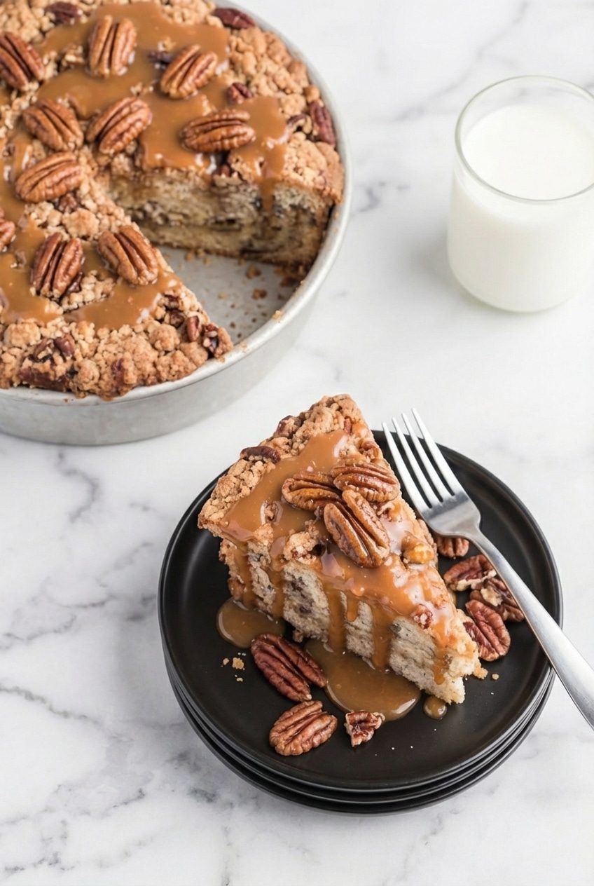 A slice of caramel banana pecan cake served on a rustic dessert plate alongside a warm cup of coffee.