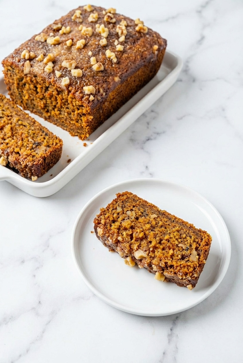 Slices of moist carrot cake loaf served on a rustic wooden board with a side of cream cheese frosting.
