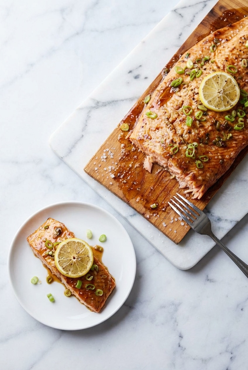 Plated cedar plank salmon ready to eat, highlighting the flaky texture achieved through carry-over cooking.
