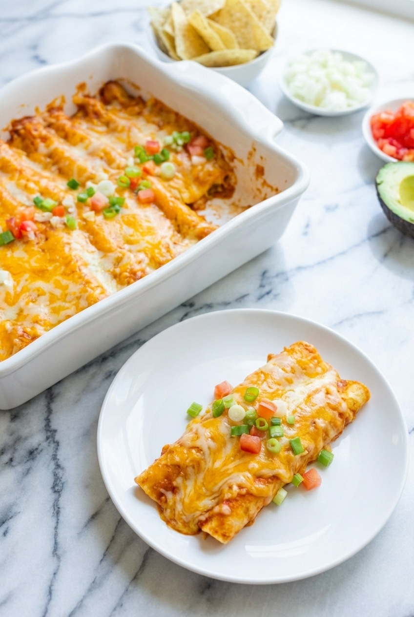 A casserole dish of Cheese Enchiladas served with a side of refried beans and a dollop of cool sour cream.