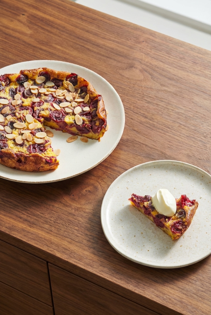 A slice of cherry clafoutis dusted with confectioners sugar being served on a plate for a cozy dessert.
