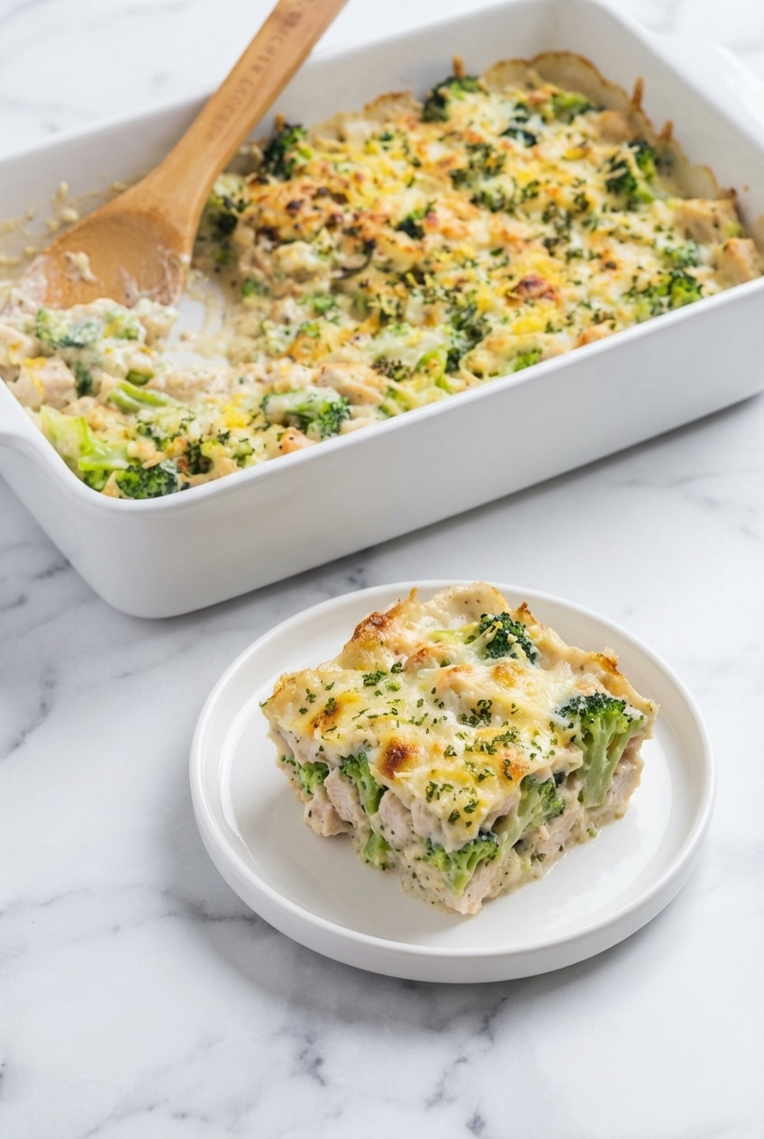 A warm serving of Chicken and Broccoli Alfredo Bake in a white bowl ready for a family dinner.